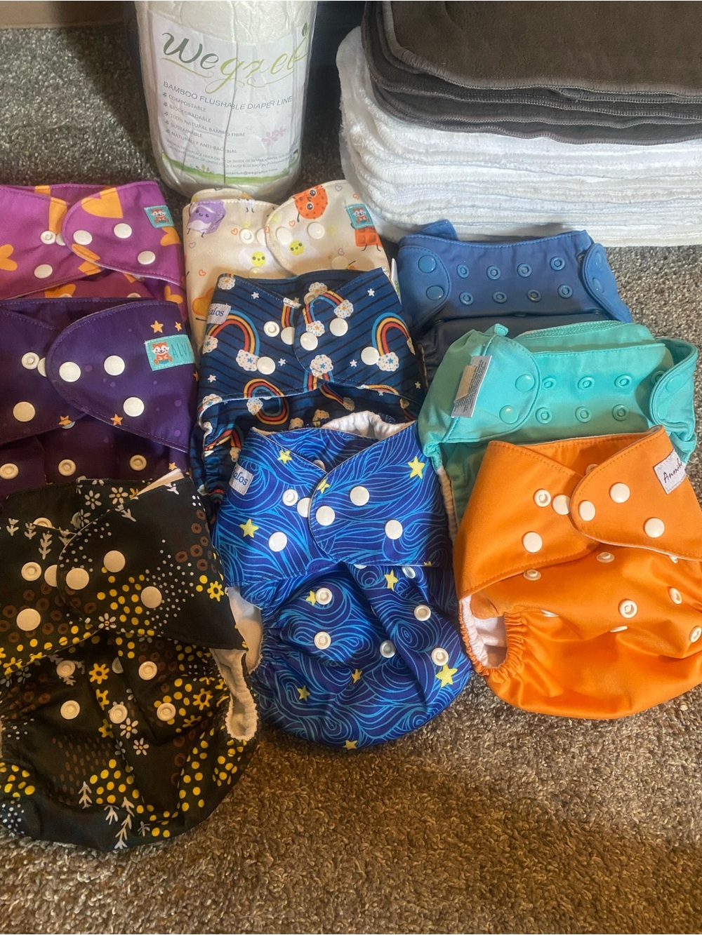 Big Lot of 9 Cloth Diapers with 22 Inserts and 100ct of 100% Bamboo Liners